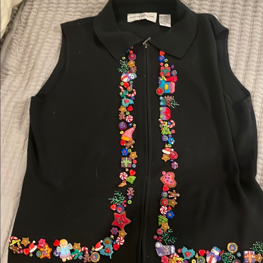Marisa Christina Christmas Black Vest with Colorful Embellishments size Large